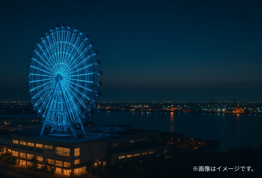 三井アウトレットパーク仙台港の観覧車ポートフラワーとベイエリアの夜景