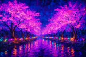 おおがわら桜イルミネーションでライトアップされた白石川沿いの桜並木