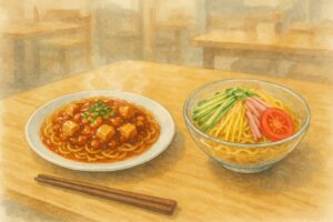 仙台の町中華名物マーボー焼きそばと冷やし中華(イメージ)