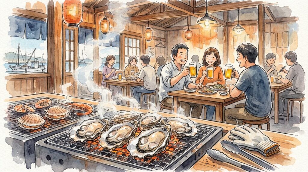 仙台港エリアの牡蠣小屋で炭火焼きを楽しむイメージ