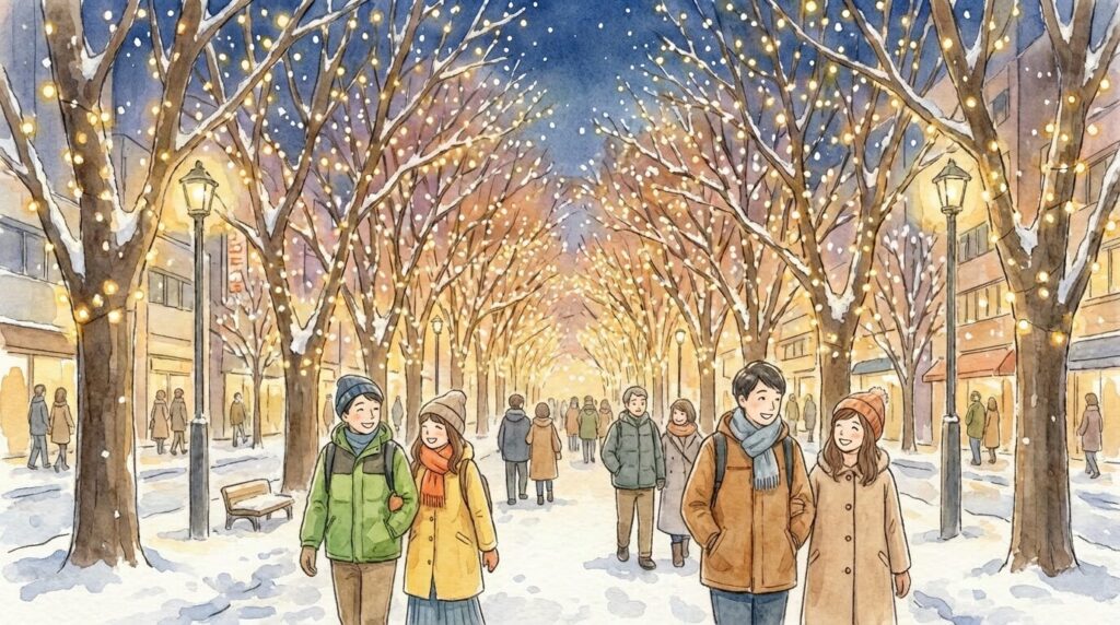 冬の仙台市内の街並みイメージ（防寒して街歩き）