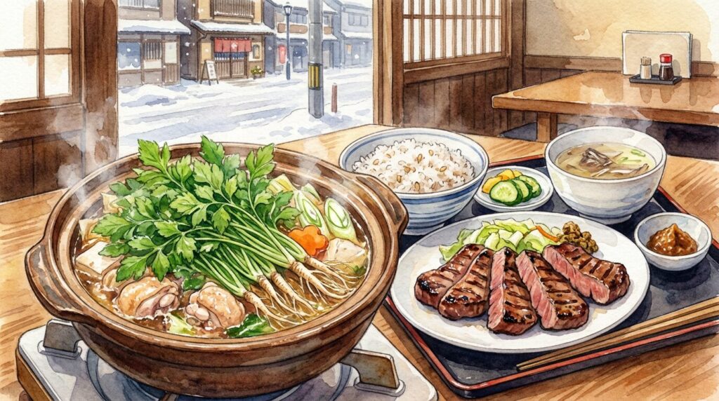 仙台冬グルメのイメージ（せり鍋・牛たん・牡蠣など）