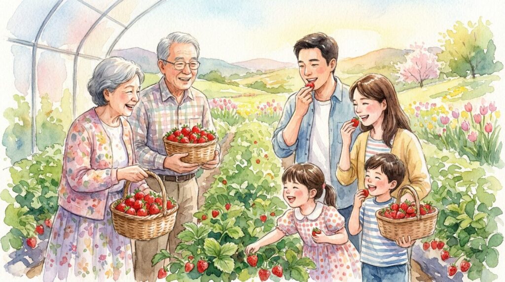 子連れで宮城のいちご狩りを楽しむ様子