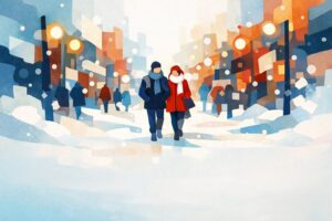 冬の仙台市街を歩くイメージ写真