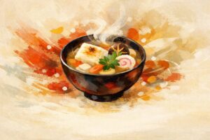 餅とおせちを楽しみながら調整するイメージ写真