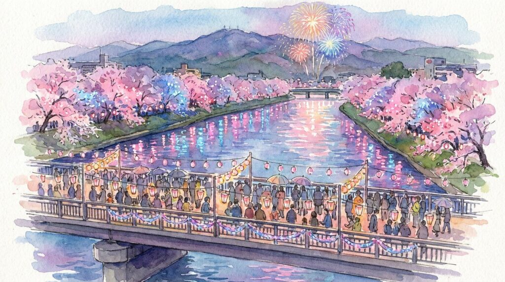 白石川の川面に映る桜色イルミネーション