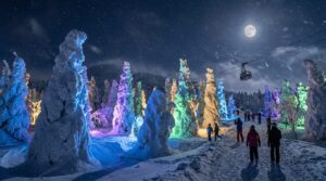 ライトアップされた蔵王の樹氷の全景イメージ写真