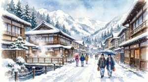 冬の蔵王温泉街のイメージ写真