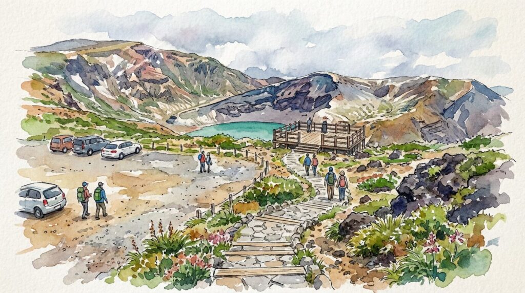 蔵王刈田山頂駐車場から御釜展望台へ向かう遊歩道のイメージ