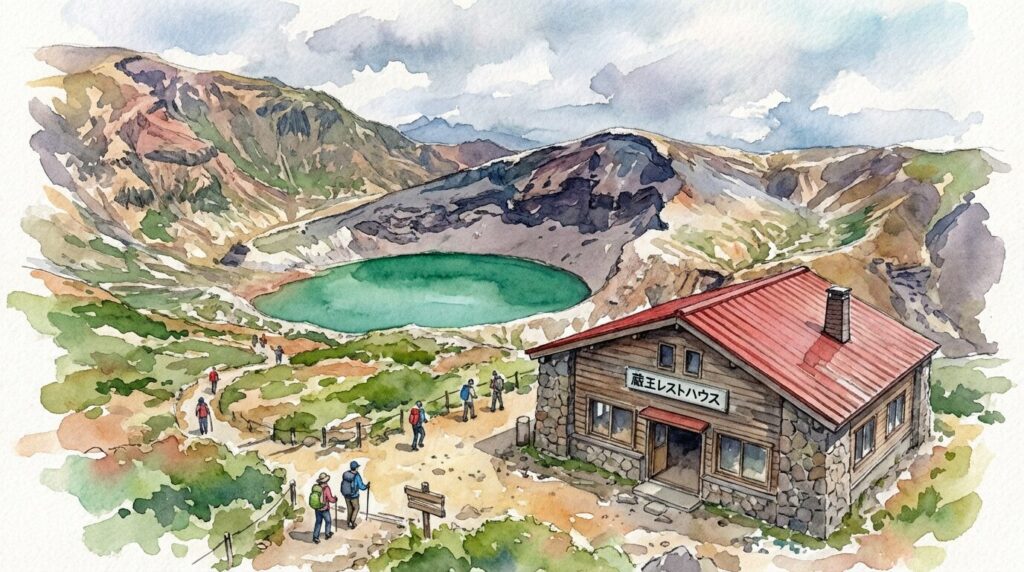 蔵王山頂レストハウスの外観と周辺の風景