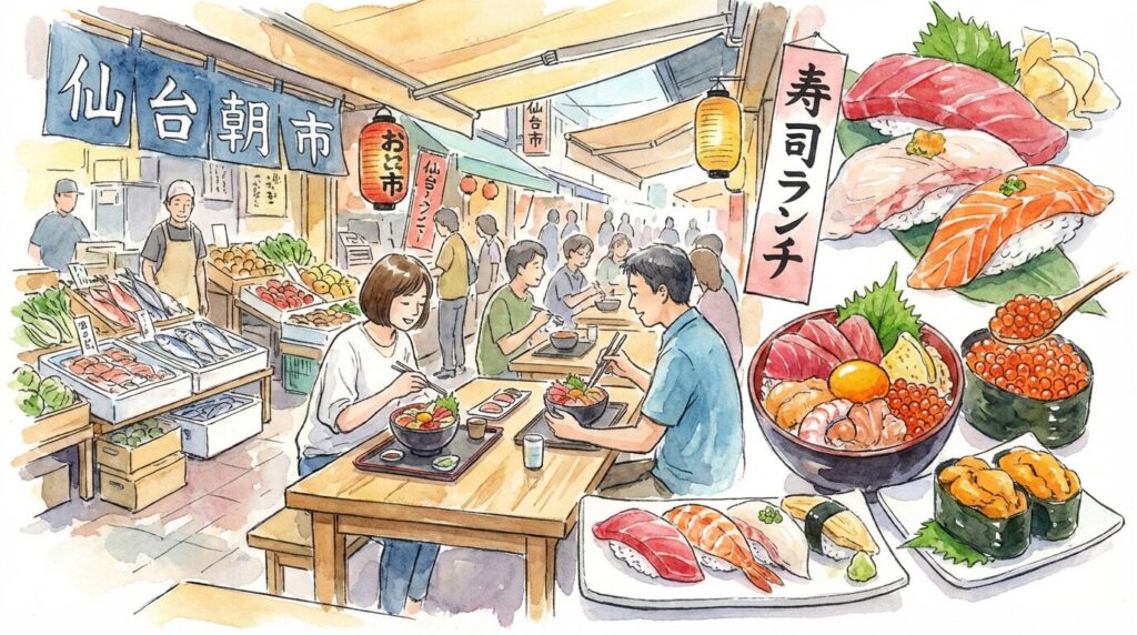 仙台朝市で安いランチを探すイメージ