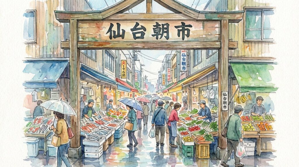 仙台朝市の海鮮食べ歩きイメージ