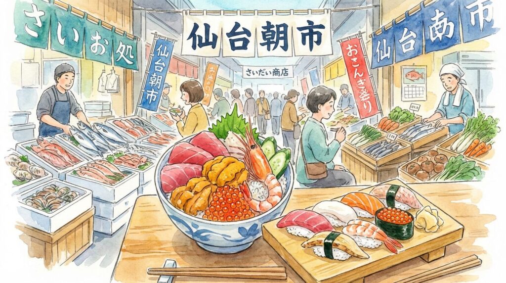 仙台朝市の海鮮イメージ