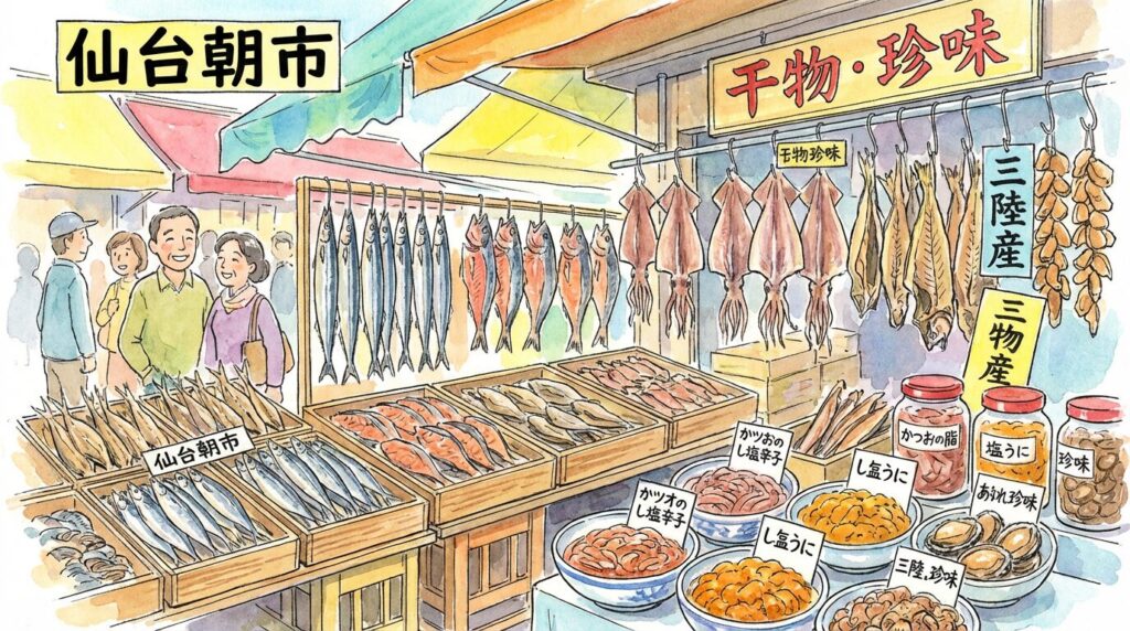 仙台朝市の海鮮食べ歩きイメージ