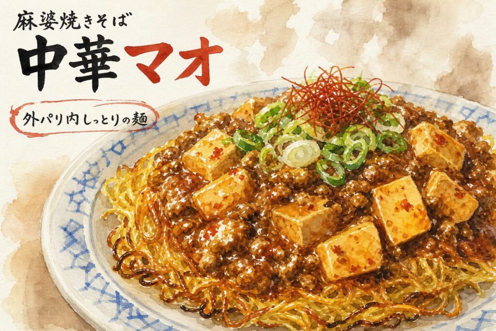 香ばしい焼き目のある麻婆焼きそばのイメージ