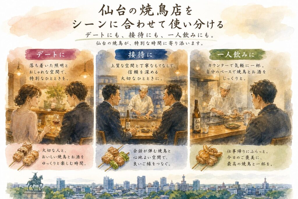 仙台の焼鳥店を目的別に比較するイメージ