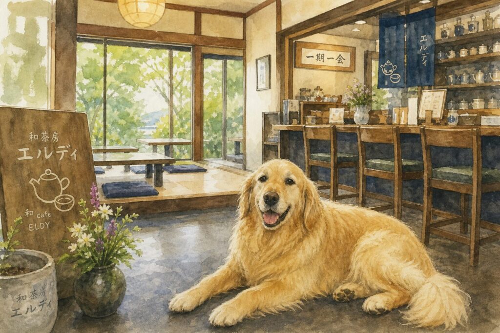 和茶房エルディで大型犬とお茶を楽しむイメージ