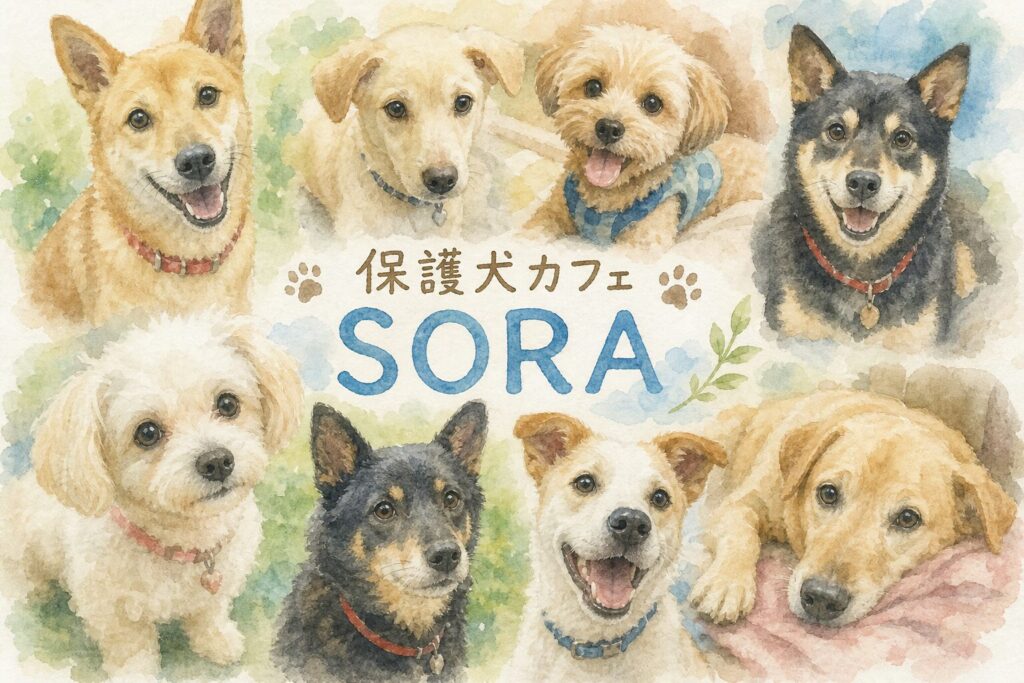 保護犬カフェSORAで保護犬と触れ合うイメージ