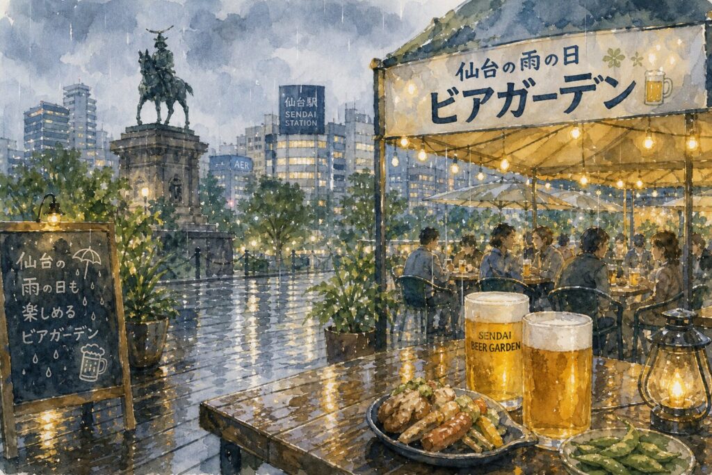 仙台のビアガーデンを雨天対応・アクセス・料金で比較するイメージ