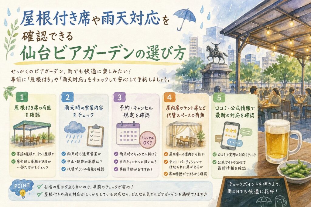 雨の日のビアガーデン利用で持っておきたい羽織や傘のイメージ
