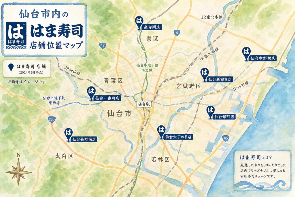 仙台市内のはま寿司を目的別に比較するイメージ
