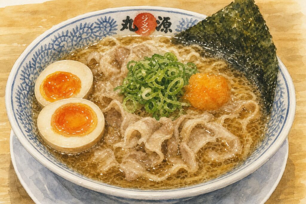 丸源ラーメンの肉そばと餃子セットの注文例
