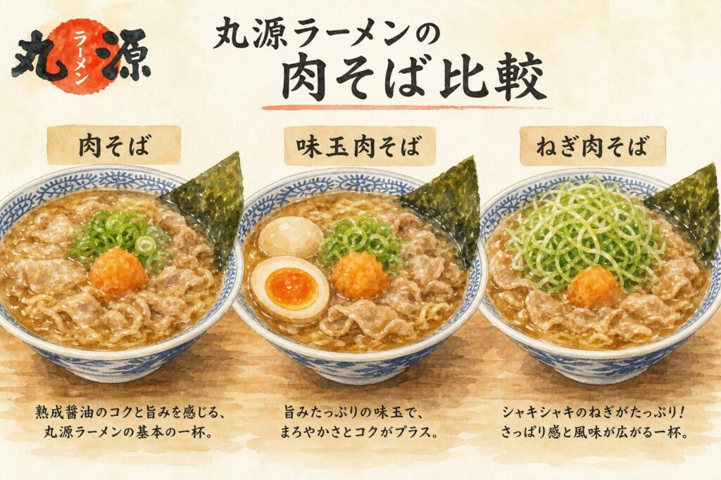 丸源ラーメンの肉そばのトッピングを比較するイメージ