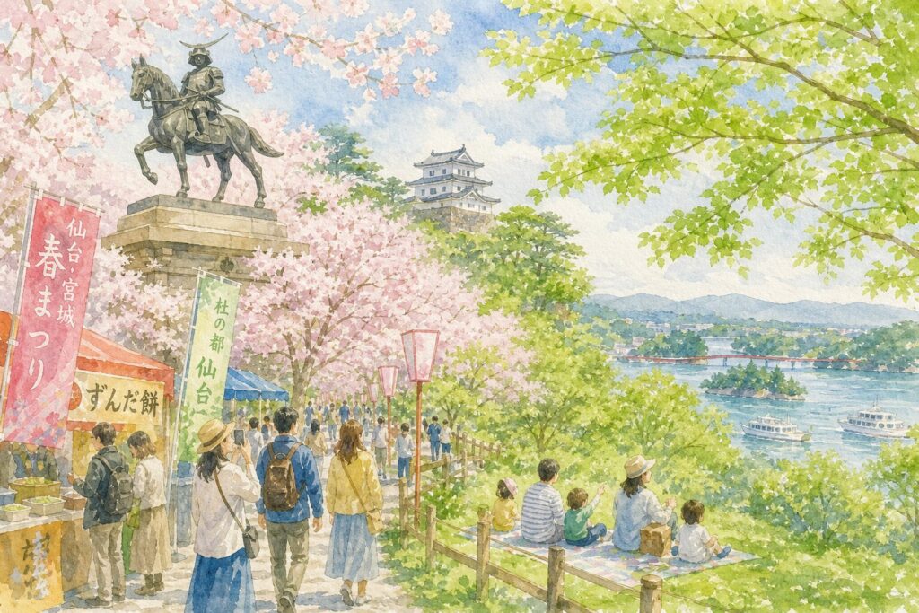 春の宮城イベントを楽しむ人々と桜の風景