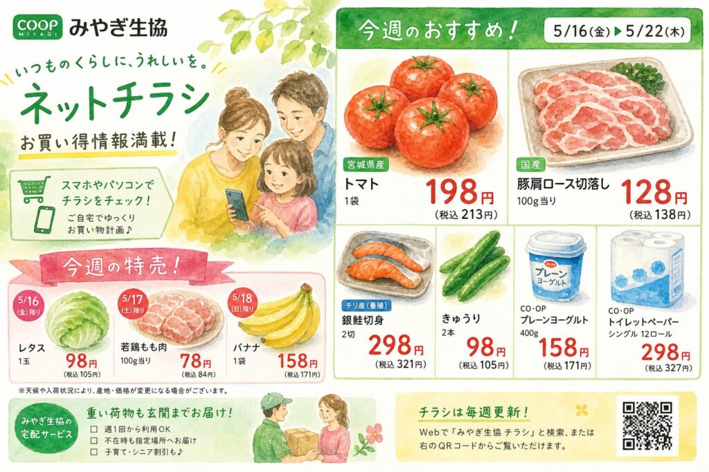 みやぎ生協のネットチラシや特売情報のイメージ