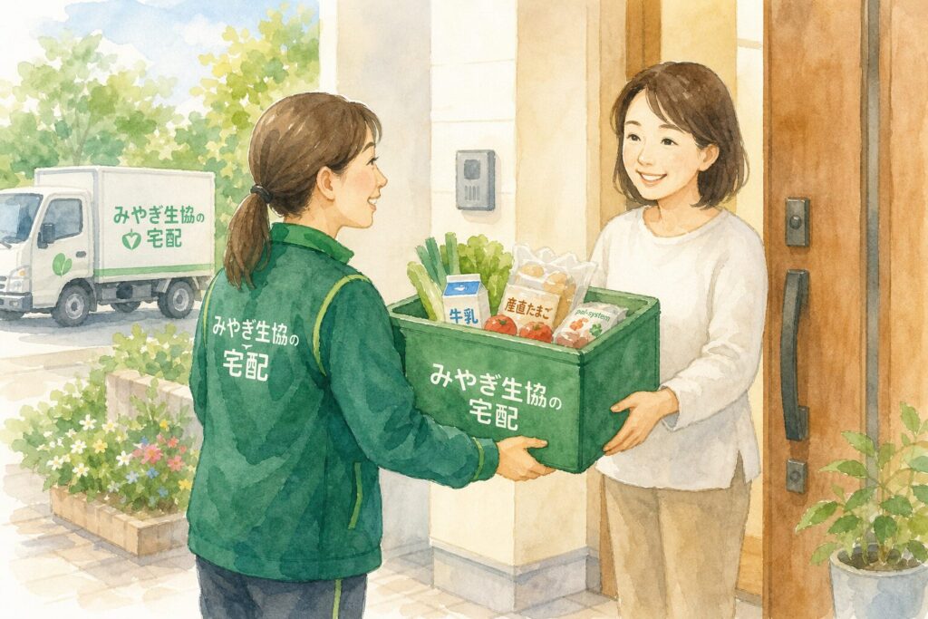 みやぎ生協の宅配の配達イメージ（玄関先での受け取り）