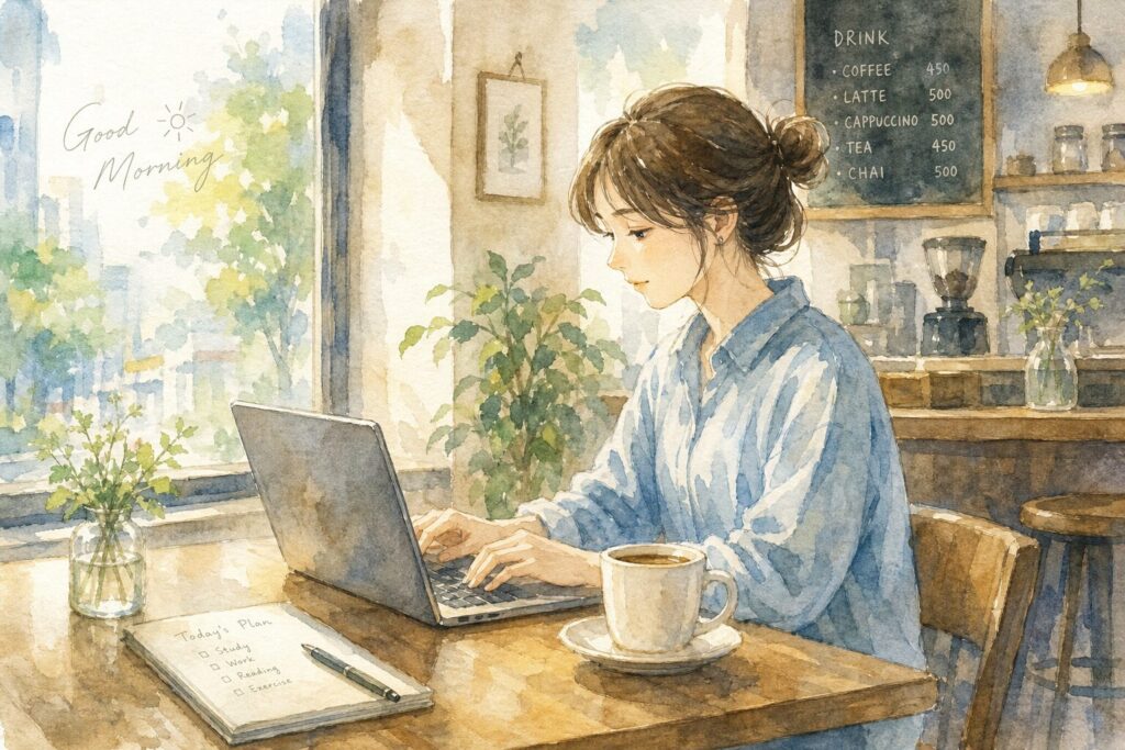 カフェで朝活をする人