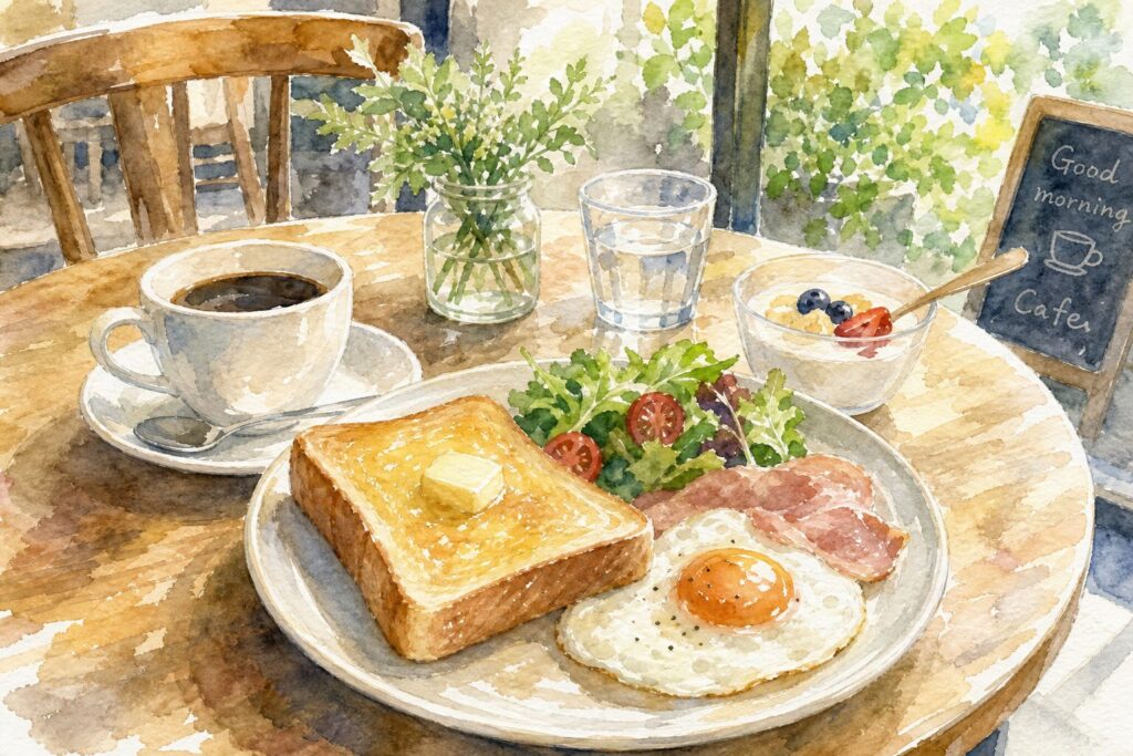 カフェのテーブルに並ぶ朝食