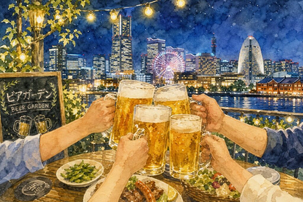 仙台のビアガーデンで夜景を見ながら乾杯する様子