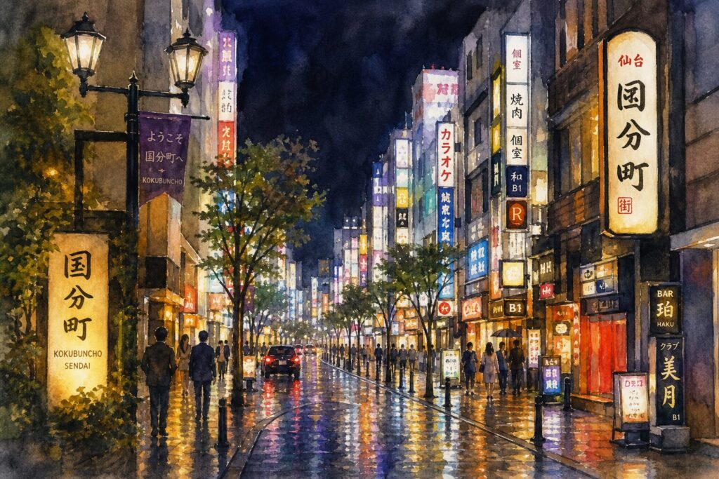 仙台市国分町の夜の街並み