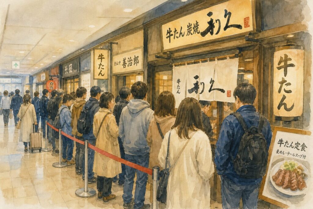 仙台駅牛たん通りで観光ランチの行列ができている様子