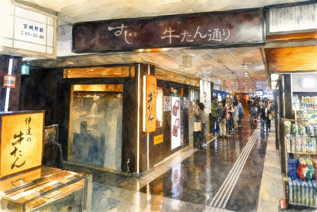 仙台駅牛たん通りの通路と6店舗が並ぶ様子