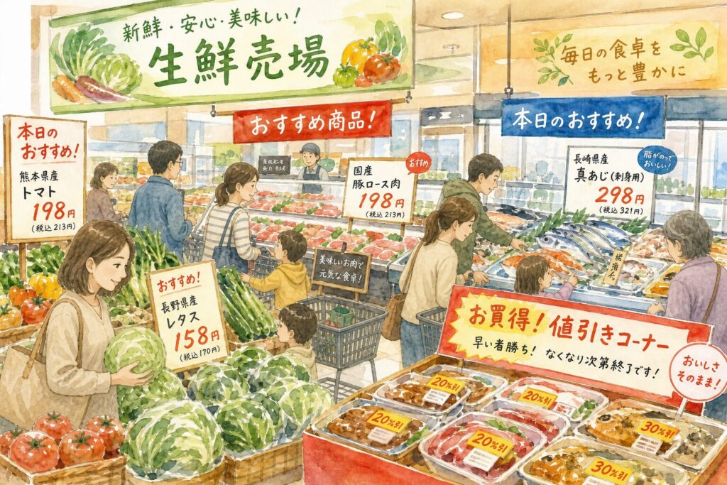 みやぎ生協の生鮮売場でおすすめ商品や値引きコーナーを見るときのイメージ