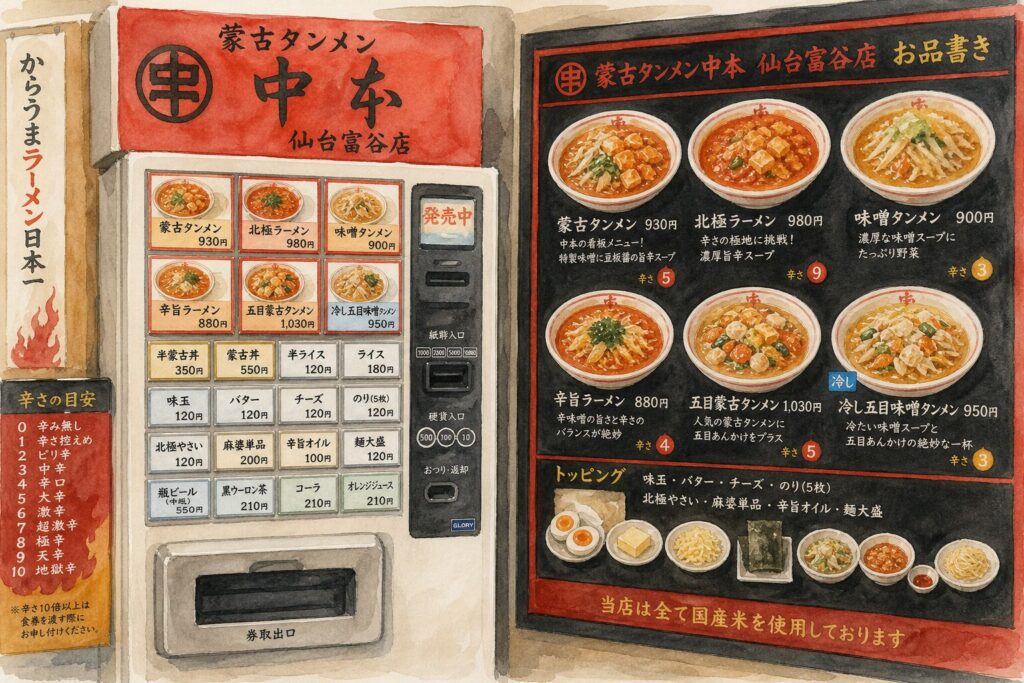 蒙古タンメン中本 仙台富谷店の券売機とメニューのイメージ