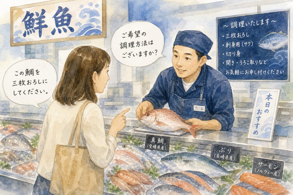 みやぎ生協の鮮魚カウンターで魚の加工を相談するイメージ