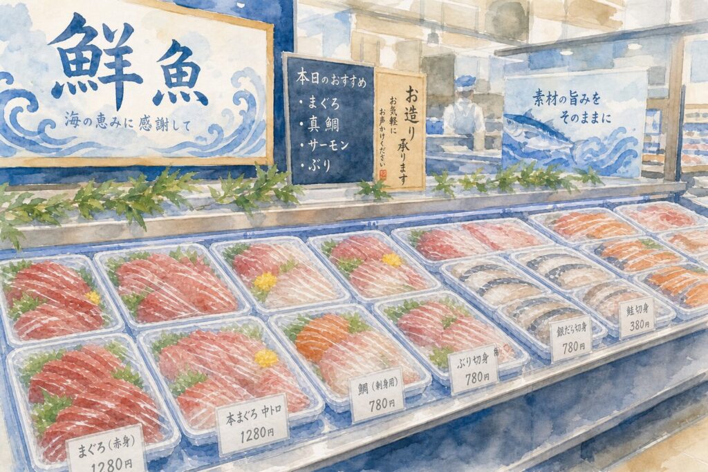 みやぎ生協の鮮魚売場を利用するときに確認したい刺身・切り身コーナーのイメージ