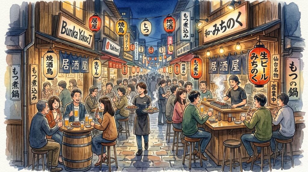 仙台の横丁で居酒屋をはしごするイメージ