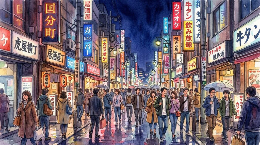 国分町の居酒屋街をイメージした夜の街並み