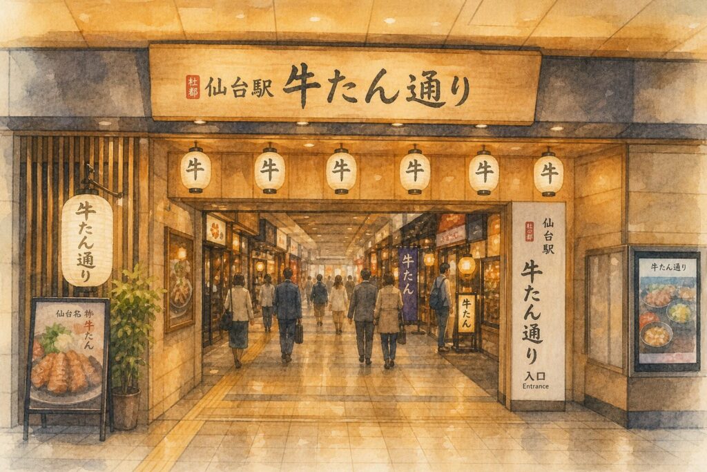 仙台駅牛たん通りで牛たんランチを楽しむイメージ