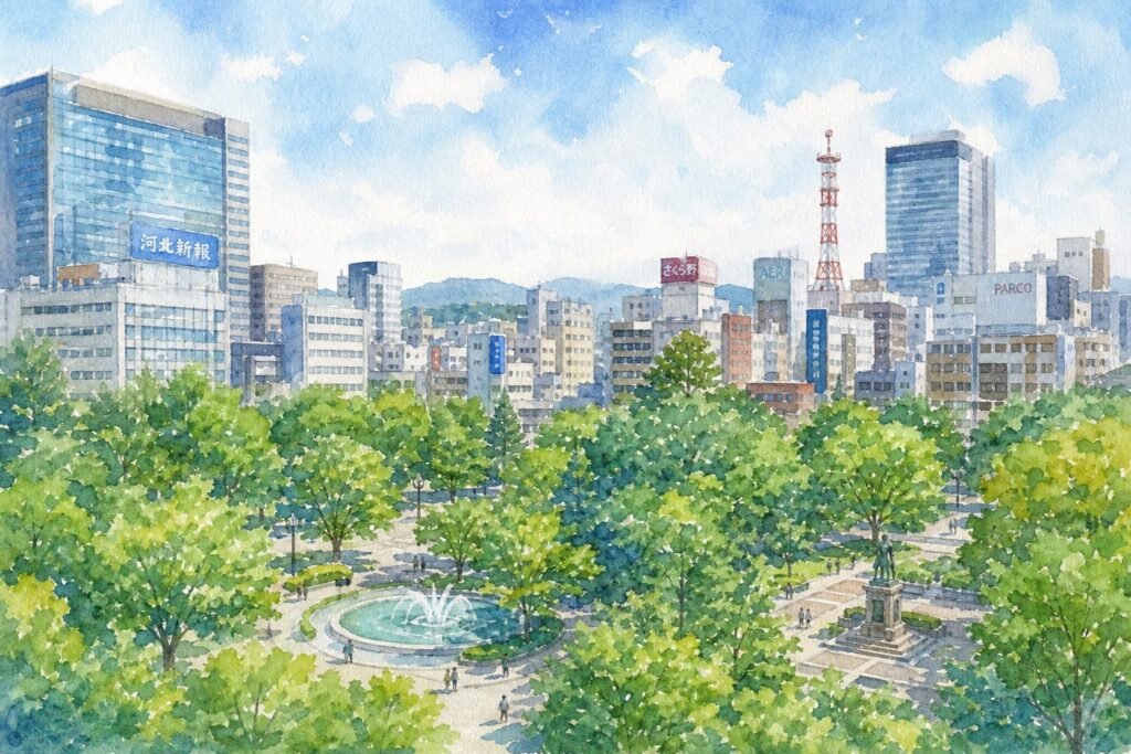 仙台中心部にある勾当台公園の緑と広場