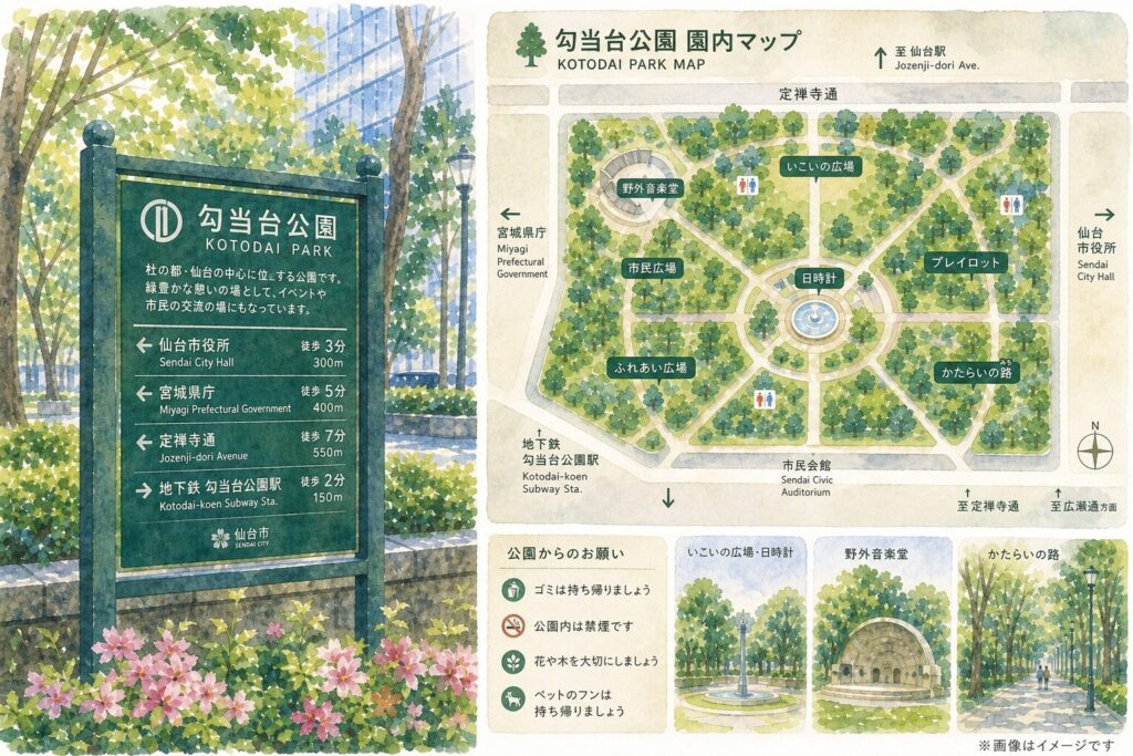 勾当台公園周辺を散策するときに使いやすい案内板と街歩きのイメージ