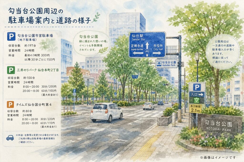 勾当台公園周辺でイベント日に駐車場を探すイメージ