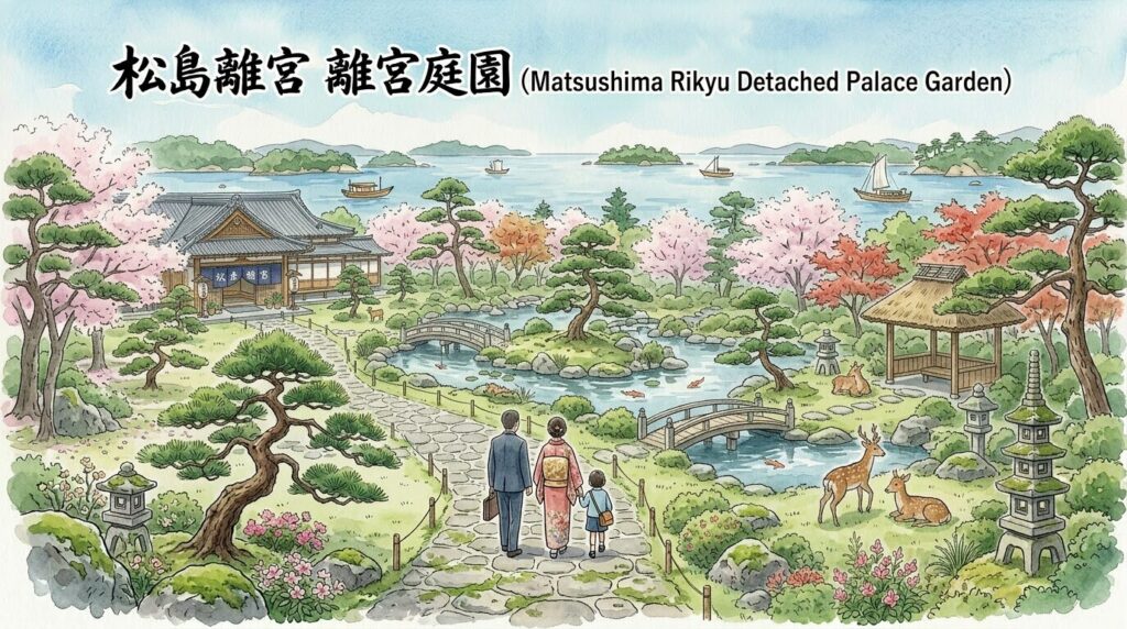 松島離宮の庭園を散策しながら写真を楽しむイメージ