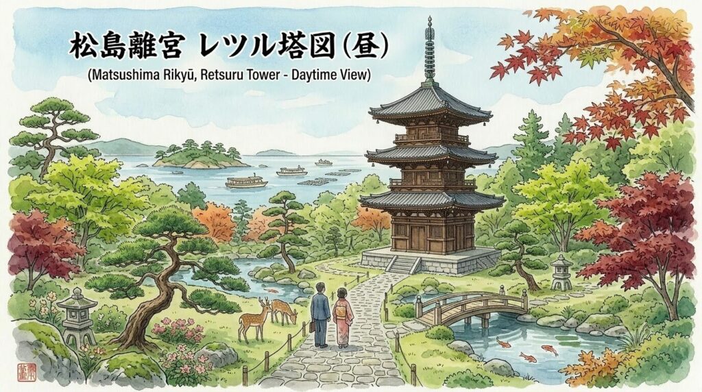 松島離宮のレツルタワーを見上げる撮影イメージ
