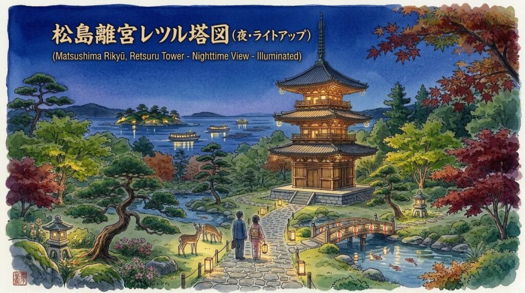 松島離宮の夜のライトアップを楽しむイメージ