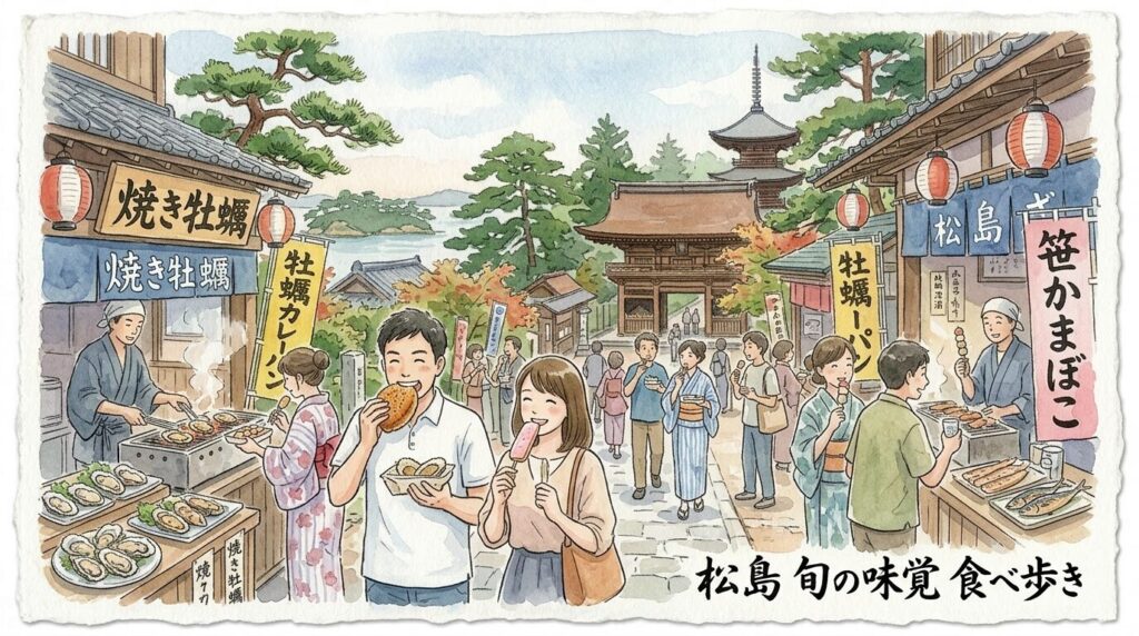 松島周辺の寺社散策と食べ歩きを楽しむ観光イメージ